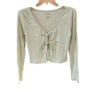 Y2K Arizona Lemon Print Ribbed Long Sleeve Double Tie-Front Cropped Top Shirt M